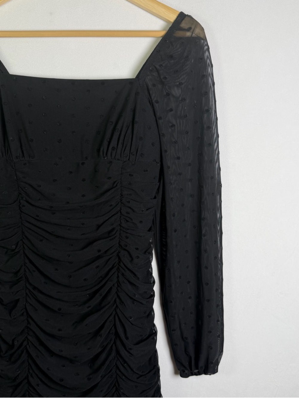 Dear Moon Womens Black Ruched Mini Dress Sz 5 Swiss Dot Coquette Y2K Bodycon - Picture 5 of 11